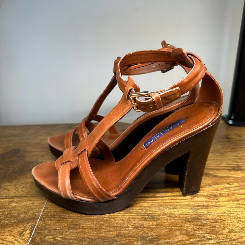 Ralph Lauren Purple Label Collection Leather T-Strap Platform Sandals Wooden 8.5 - Picture 4 of 12